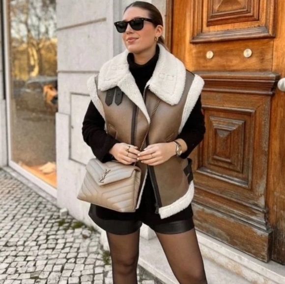 Zara Vest Faux Sheepskin Fur Waistcoat Women's Tan Sleeveless Jacket Size M - Picture 1 of 16